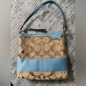 Coach Blue and Tan Signature Shoulder Bag